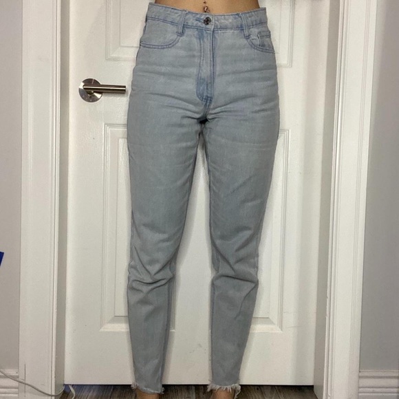Light Blue High Waisted Cut Hem Mom Jeans - Picture 2 of 3
